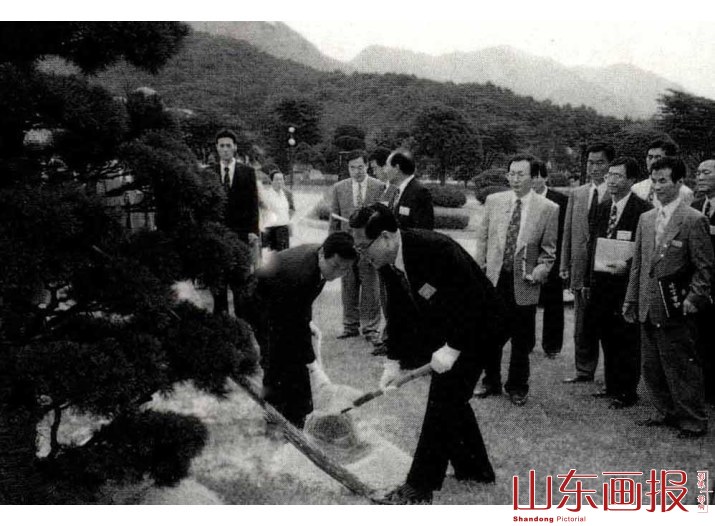 赵志浩省长与金爀珪知事共同植下一棵象征两省道友谊长存的五针松