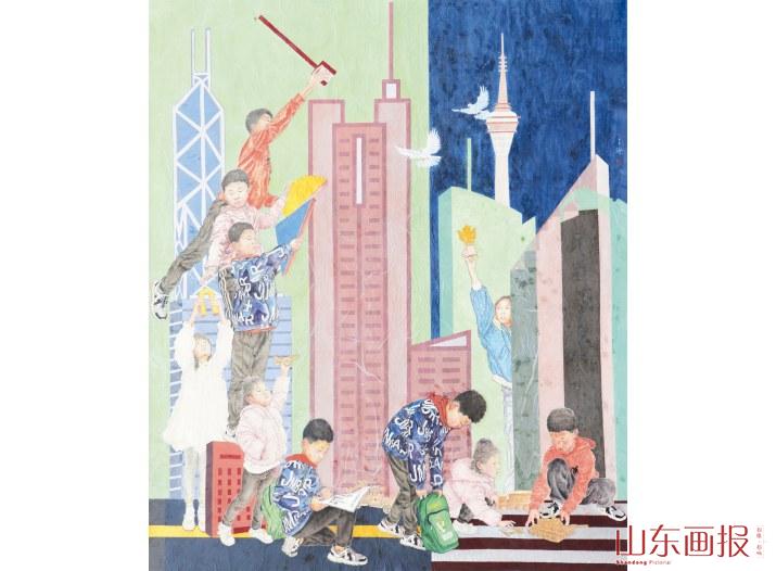 王涛国画作品《积木童年》